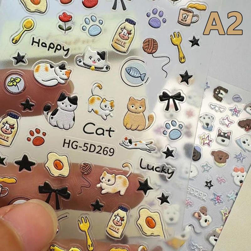 5D Embossed Cute Cartoon Cat Dog Design Nail Art Sticker Decals Self Adhesive Supplies For Women And Girls
