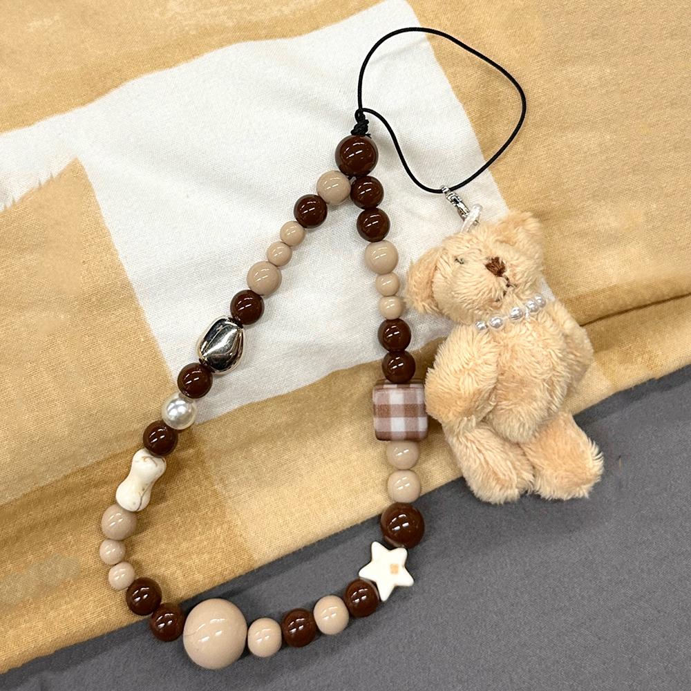 

Korean 3D Cute Star Brown Beaded Phone Chain Plush Bear Pendant For Women Lanyard For iPhone CCD Camera Anti-Lost Hanging Rope