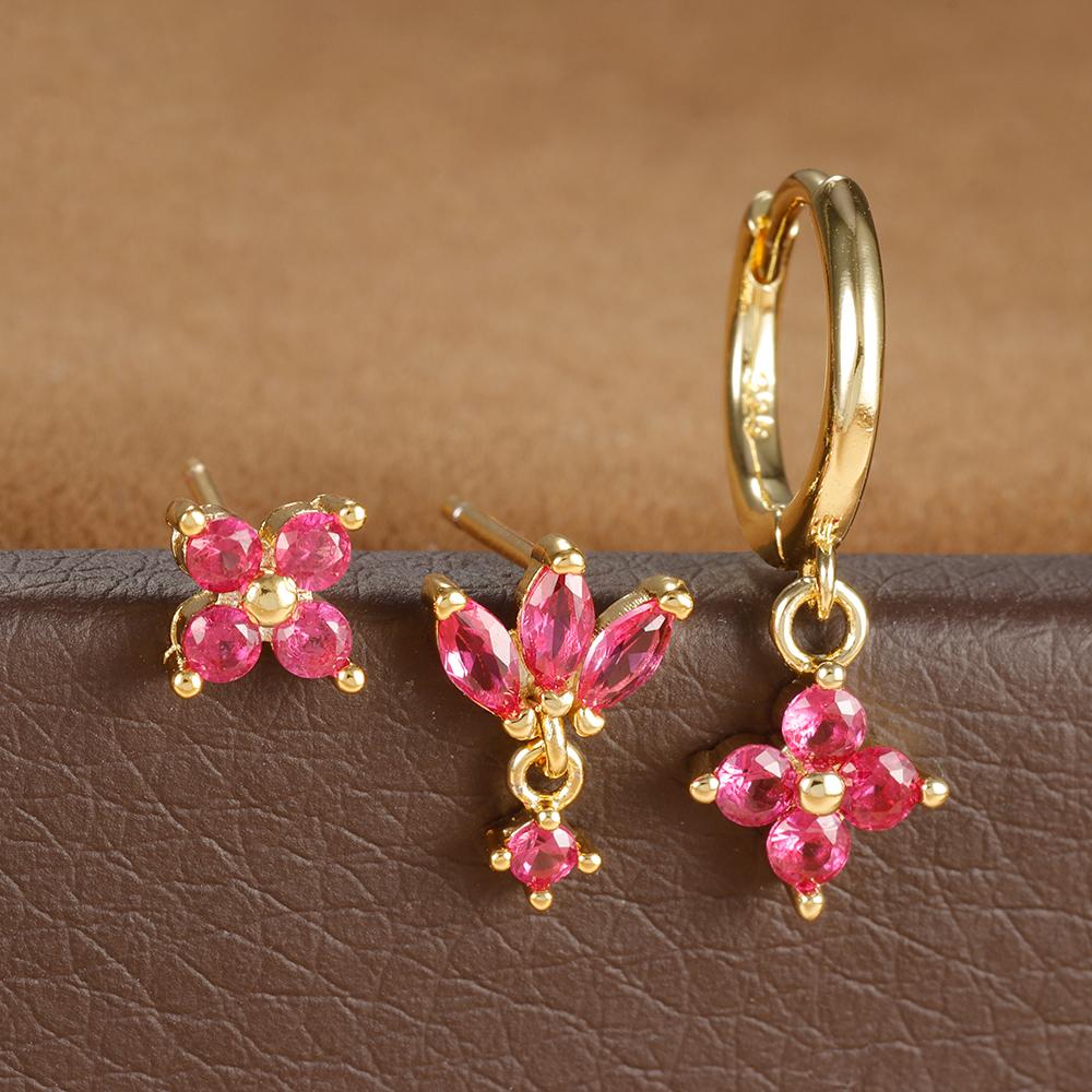 Luxury Flowers Pendant Piercing Earrings Set For Women Stainless Steel Colorful Zircon Hoop Earring Lady Jewelry aretes de mujer