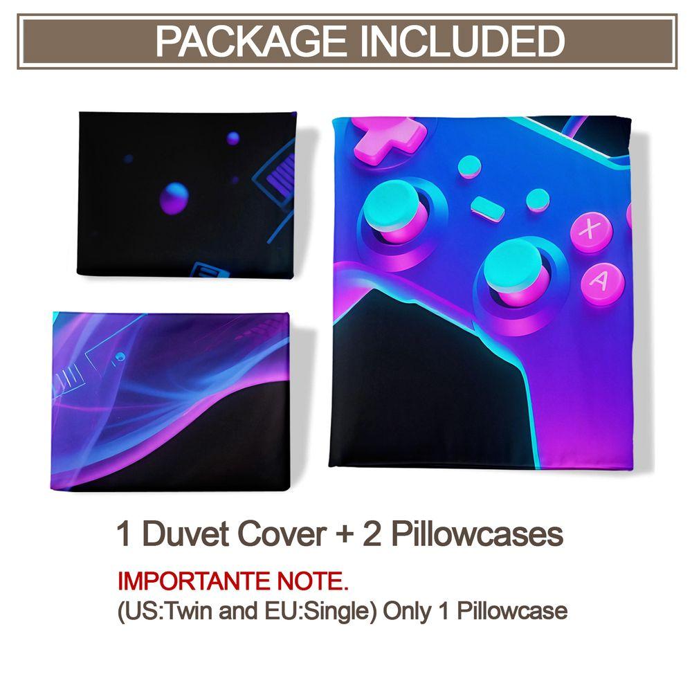 2/3Pcs Neon Gaming Controller Duvet Cover Set(1 Duvet Cover & 1/2 Pillowcase) Soft Bedding Set For Teens Gamer Bedroom Decor