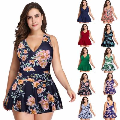 Women Summer Swimwear Plus Size Swimsuit Floral Pattern V Neck Beach Dress Sexy Two-Piece Bathing Suit S-5XL