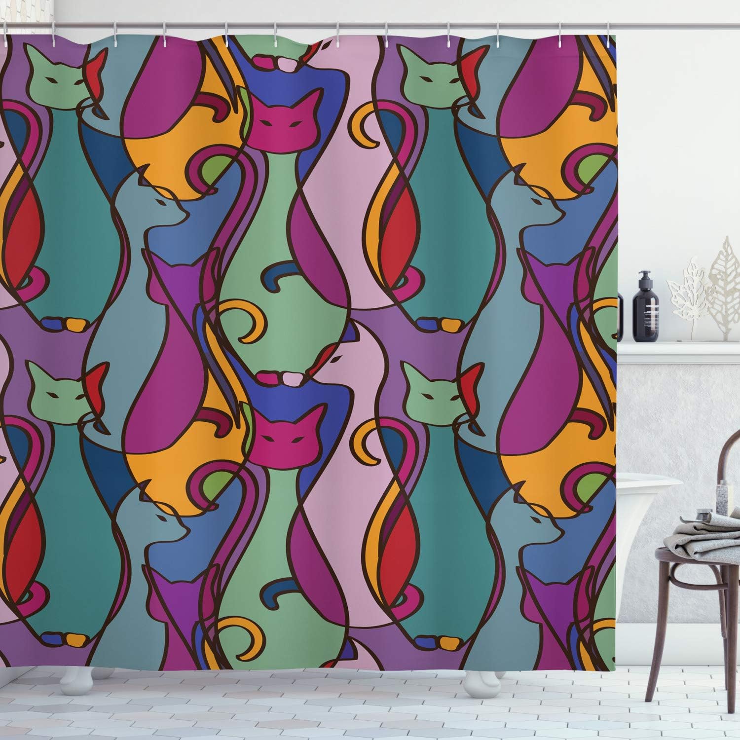 Colorful Cat Shower Curtain with Hooks – Geometric Kitten Pattern, Playful Pink Magenta Design, Fun Bathroom Decor 90x180cm35x71in