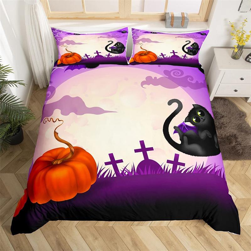 Cute Halloween Cat Duvet Cover Mystery Castle Bedding Set For Kids Teen Microfiber Misty Forest Bat Quilt Cover Queen Bedclothes