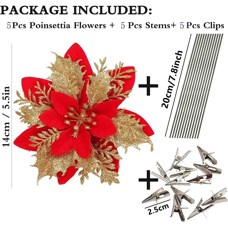 5/10 Stück Glitzer 14 cm künstliche Blumen mit Clips Stielen Weihnachtsdekoration Weihnachtsbaumschmuck Frohes Neues Jahr Navidad 2025 Deko