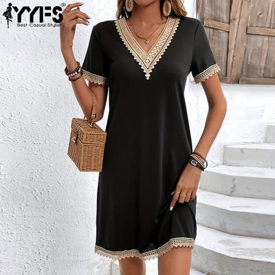 Kadın Moda Yaz Bahar Düz Renk Baskı Kısa Kollu V Yaka Gevşek Bel Günlük Elbiseler