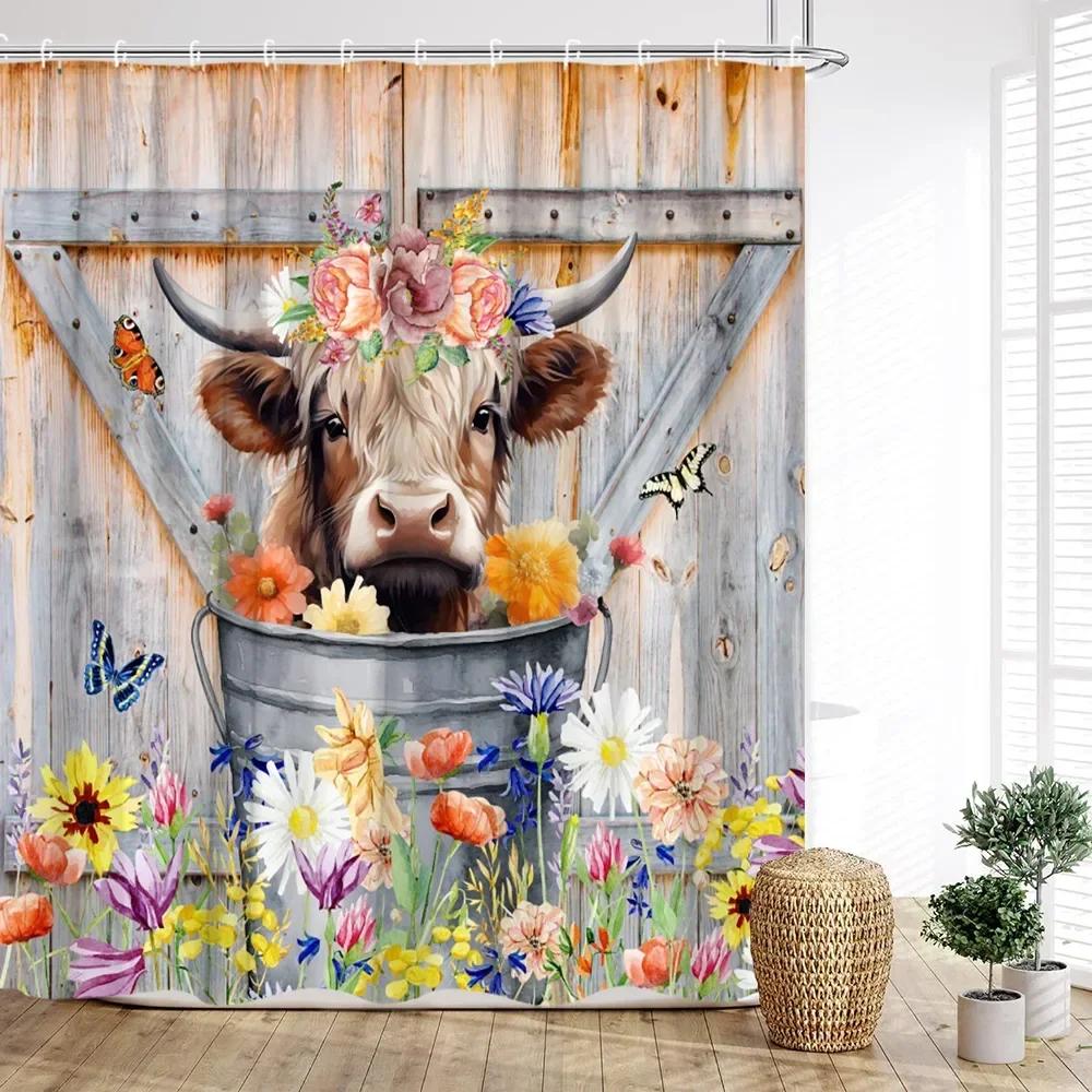 Cow Shower Curtain, Farm Animals Watercolor Spring Cartoon Rustic Plank Flower Butterfly Barrel Sunflower Cowboy Bathroom Decor