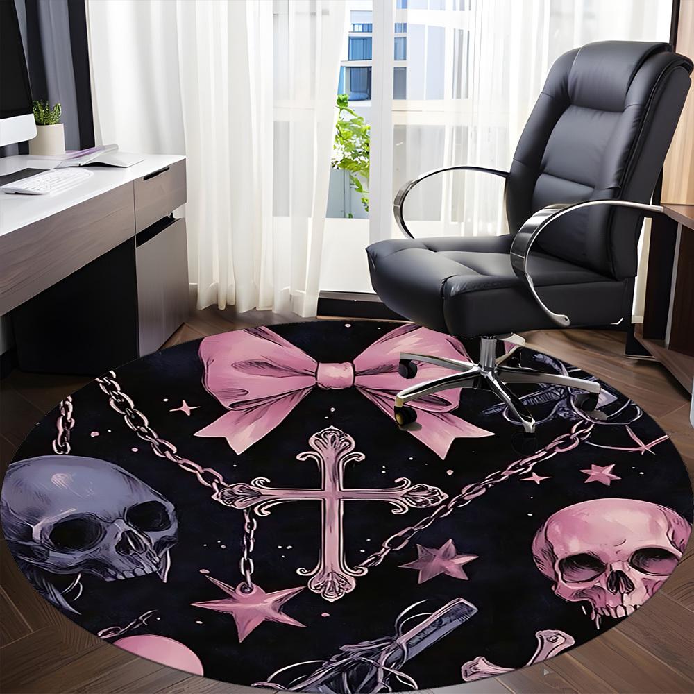 1pc Bow Gothic Skulls Office Round Area Rug, Indoor Mat Suitable ForOffice, Under Office Chairs Bedroom Living Room Home Decor, Room Deco, n60
