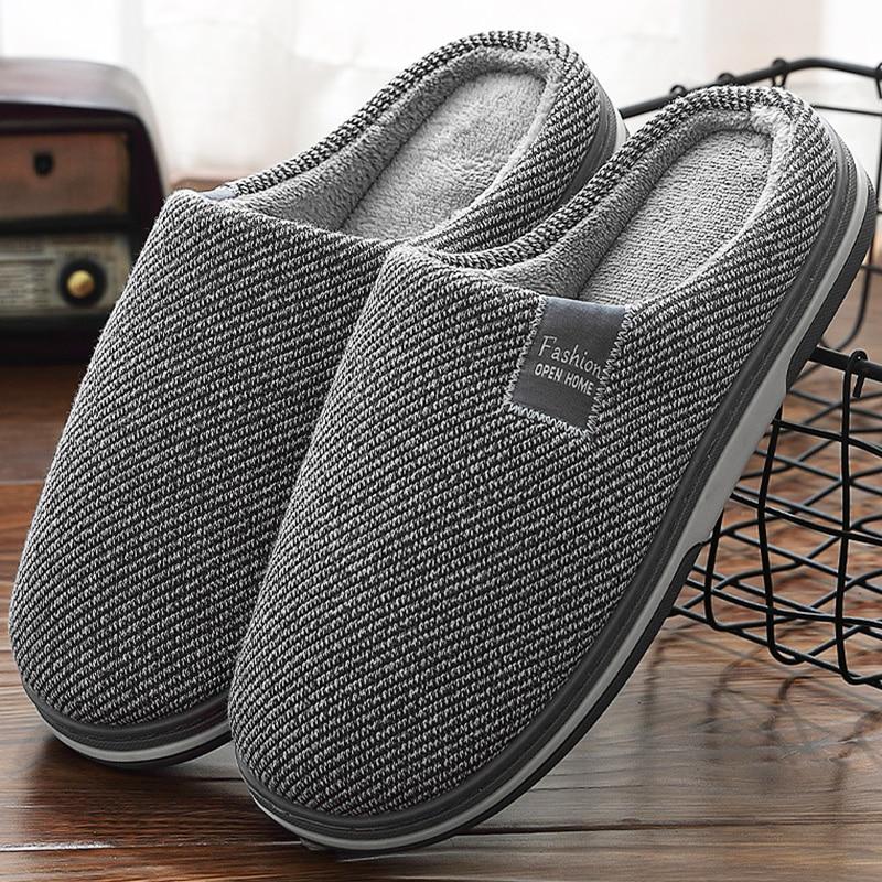 Mens Memory Foam Slippers Winter Non Slip Stripe Unisex Indoor House Shoes for Men Plus Size