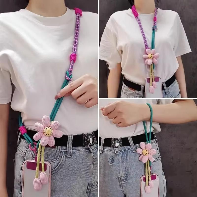 1Pcs Lanyard Rope Decorative Pendant Accessories Creative Cartoon Flower Phone Universal Lanyard Crossbody Long Rope