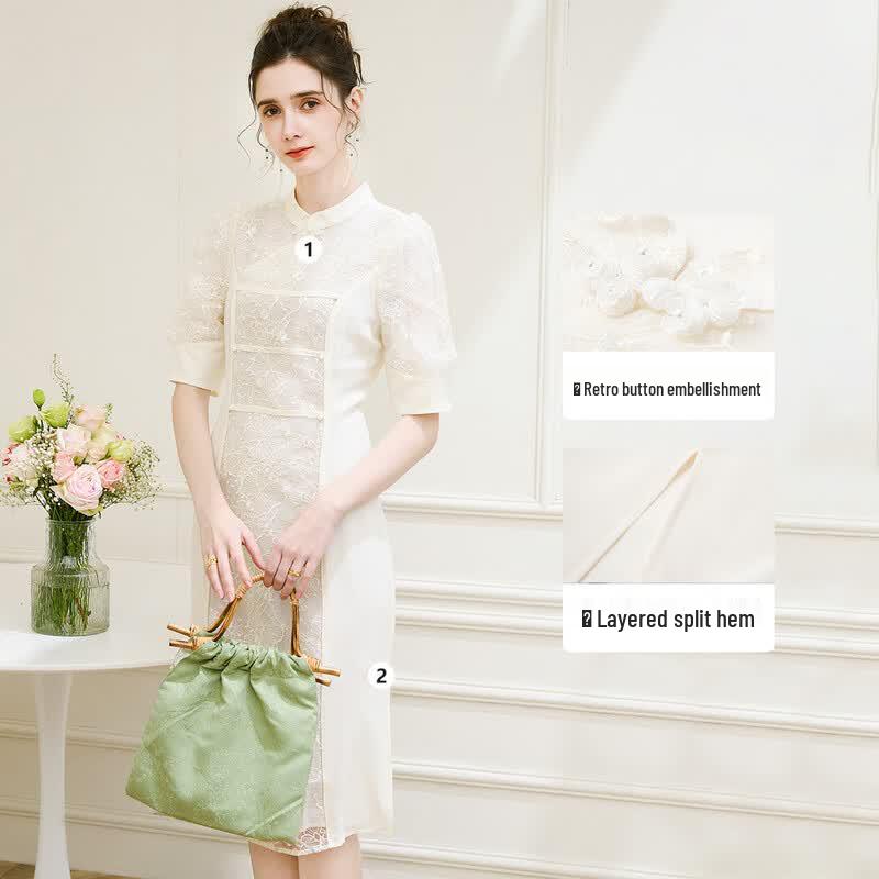 TuHuang Mulberry Silk New Chinese Style Lace Embroidered Cheongsam Dress