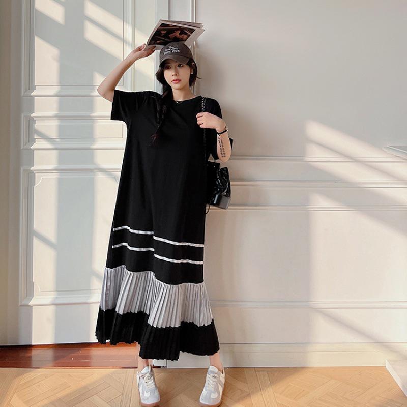 Summer 2025 Women's Plus Size Color Block Pleated Skirt Dress - Short Sleeve Trendy Design