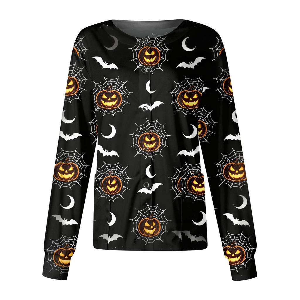 Women's Halloween Print Casual Long Sleeve Single Breasted Caregiver Cardigan Top Lightweight Comfortable Fit