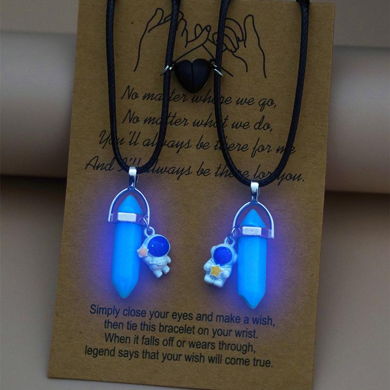 

2PCS Luminous Hexagonal Column Couple Magnetic Necklace for Women Romantic Natural Stone Geometric Pendant Astronaut Necklace