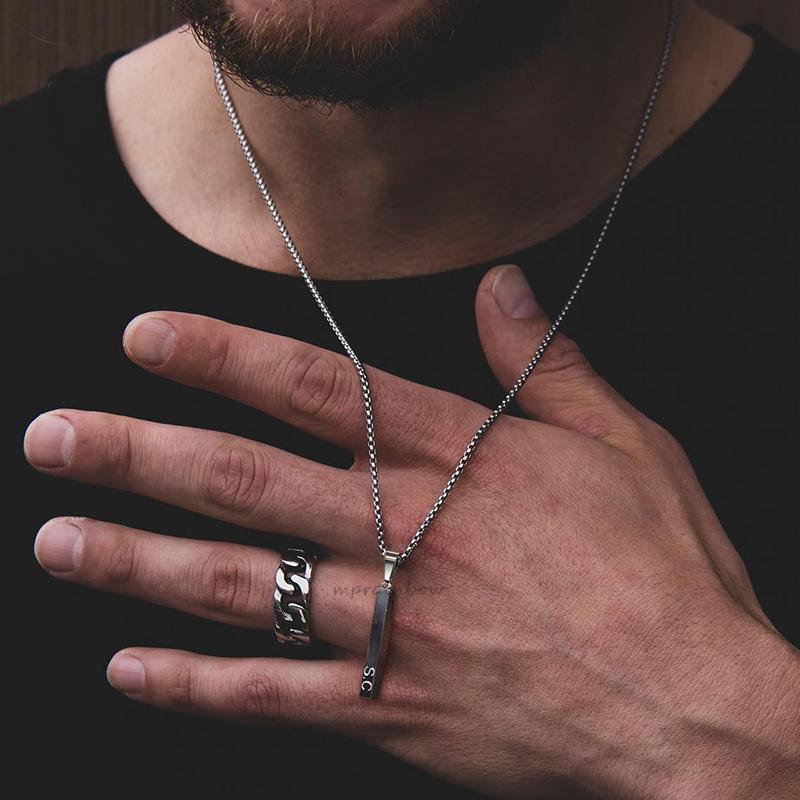 Men Custom Engraving Names Rectangle Bar Necklace, 3D Square Geometric Stainless Steel Pendant Collar Gift Jewelry
