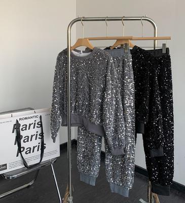 RUGOD Modischer Anzug für Damen, Persönlichkeit, modisches Pailletten-Set, Oberteil und Hose, zweiteiliges Set, hohe Taille, Schlitz, plissierte Hose mit weitem Bein