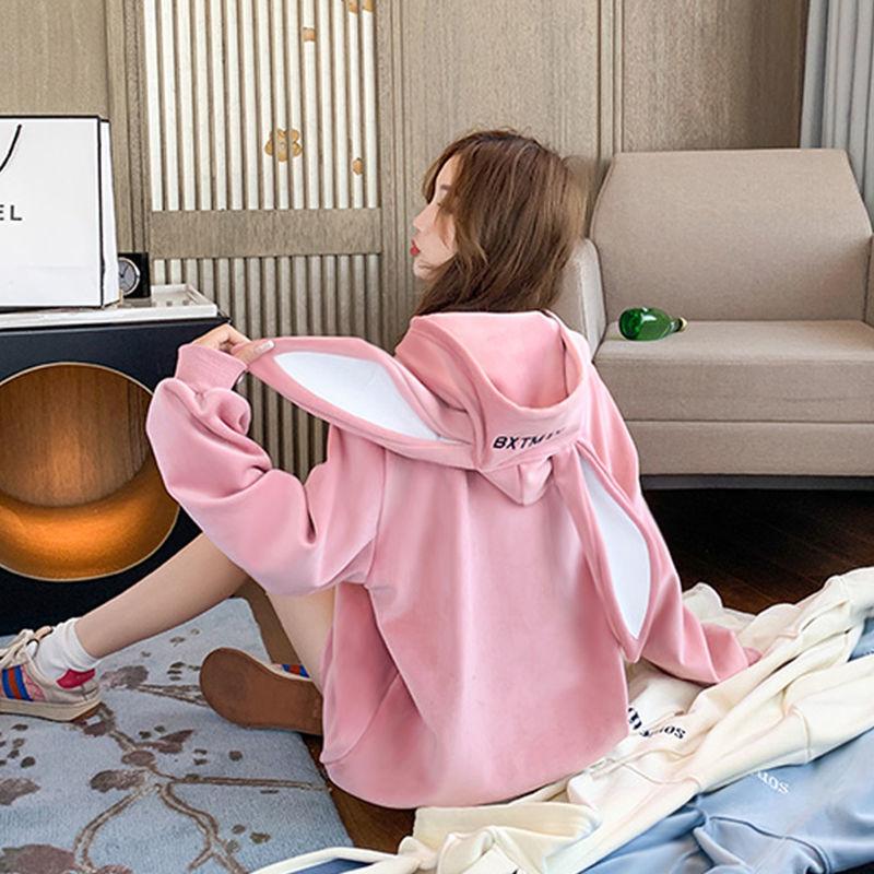Women Hoodies With Rabbit Ear Autumn Winter Fleece Thicken Warm Ladies Harajuku Sweatshirts Female Hooded Pullovers Casual Tops