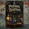 Vintage 2D Potion Station Tin Sign, Crescent Moon Witch Decor, Metal Plaque for Bedroom Wall