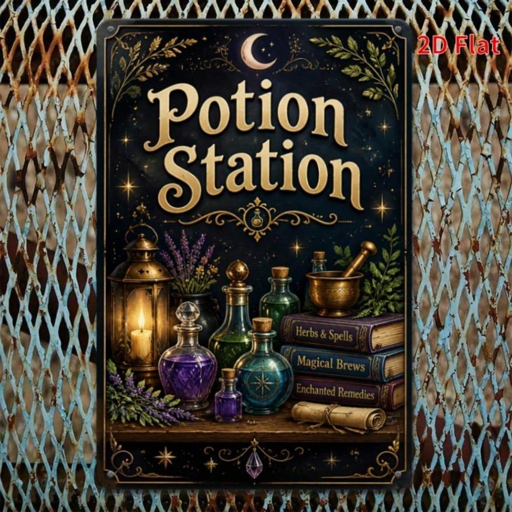 Vintage 2D Potion Station Tin Sign, Crescent Moon Witch Decor, Metal Plaque for Bedroom Wall