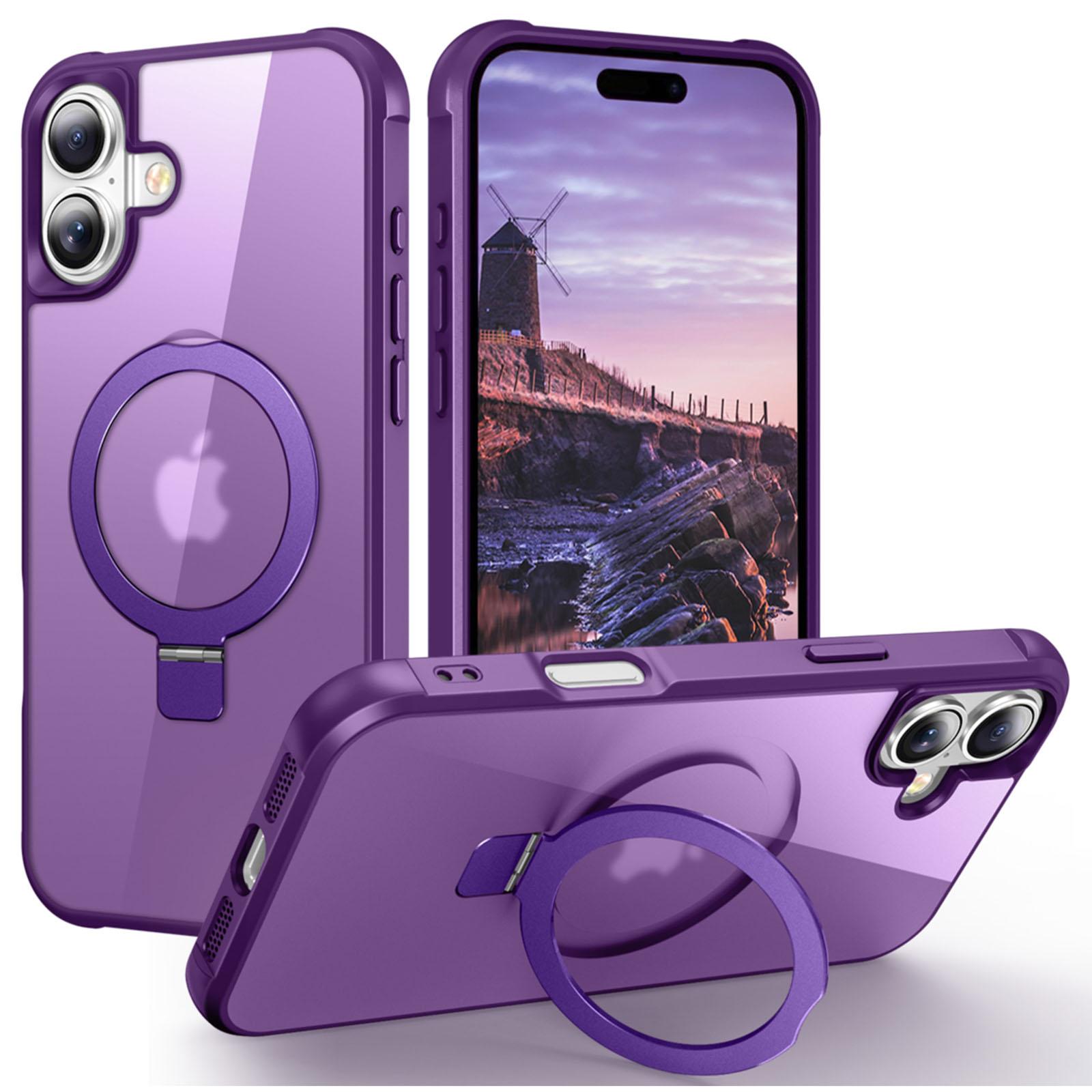 

For iPhone 16 Case Compatible with MagSafe Ring Holder Kickstand TPU+PC Phone Cover Purple