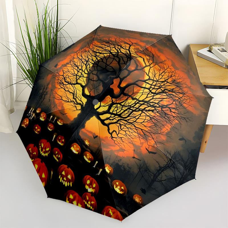 1pc Scary Halloween Pumpkins Tree Pattern Automatic Folding Umbrella, Lightweight Retractable Compact Travel Umbrella, 8-Rib Sturdy Frame030
