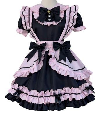 Maid Gothic Waitress Cosplay Costume with Ruffled Lolita Neat and Short Black and Pink Size [Shangki Manufacturing] Outfit, Lolita, Headband, Cute,