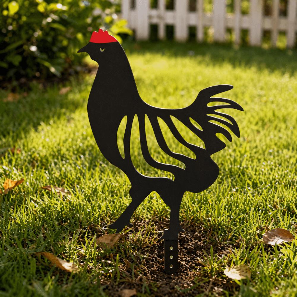 Black Metal Rooster Hen Garden Stake Decor  Patio Border Ground Inserted Adornment