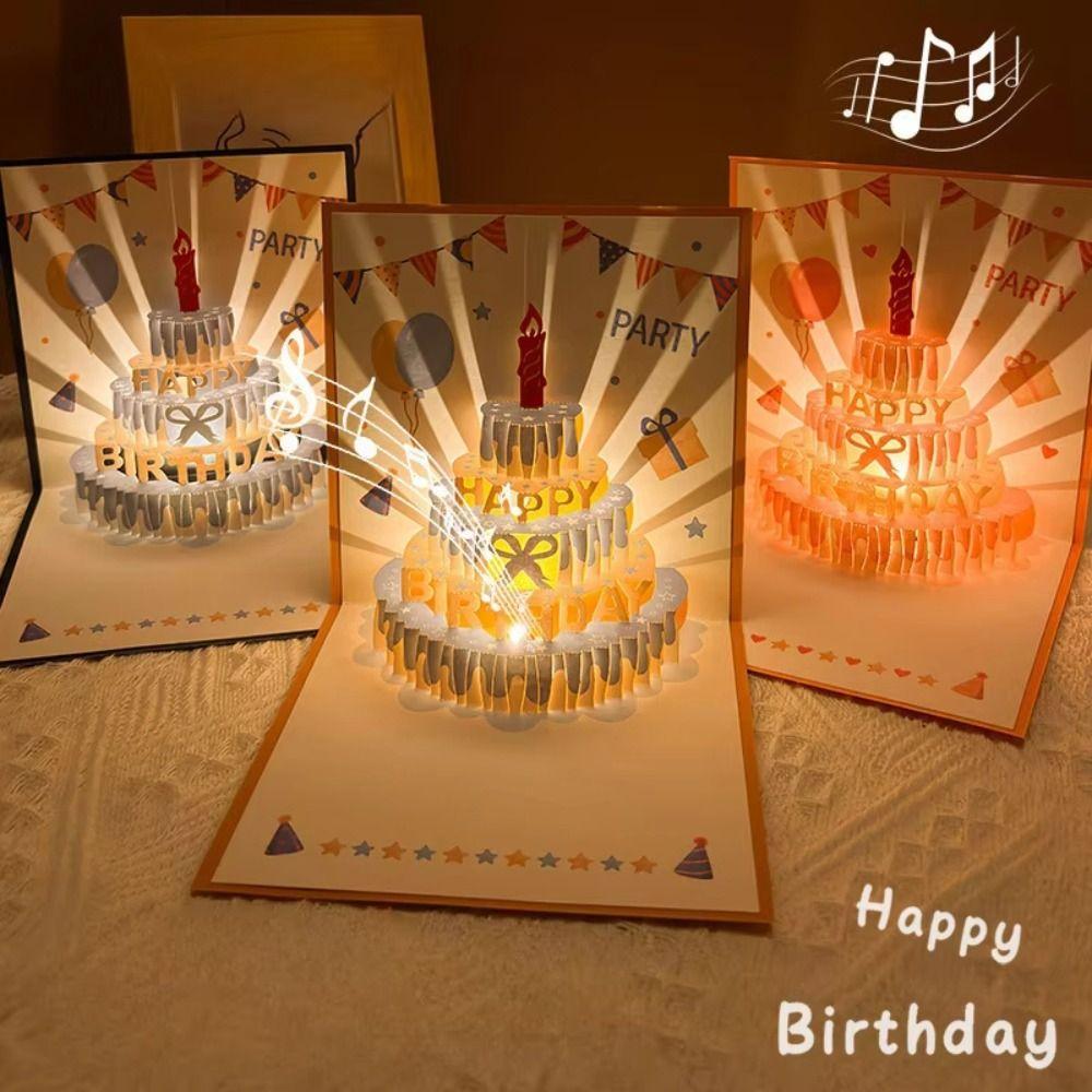 Alles Gute zum Geburtstag 3D Musik Leuchtende Karten mit Umschlag Musik Licht Leuchtender Kuchen Grußkarte Faltbare Pop-Up Geburtstagskarten