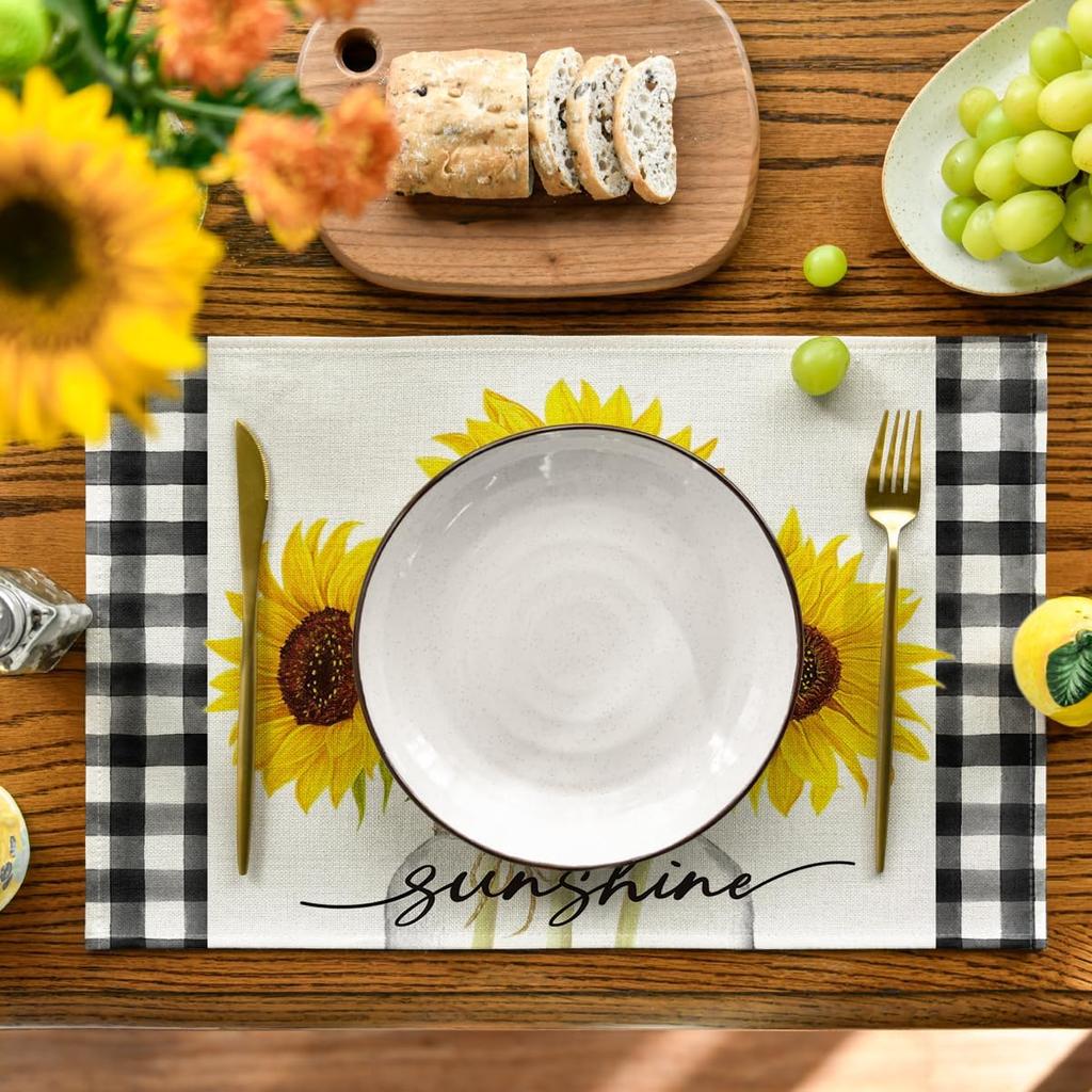 Buffalo Plaid Sunflower Sunshine Vase Summer Placemats Set of 6, 12x18 Inch Spring Table Mats for Party Kitchen Dining Decoration