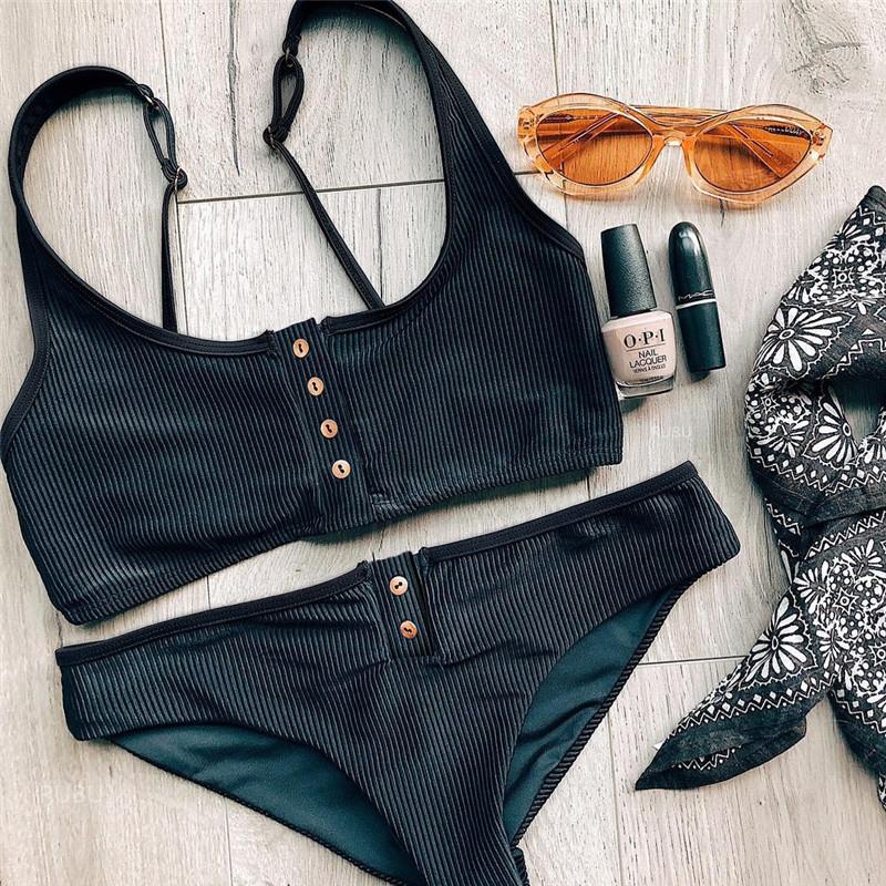 Nervürlü bikini seti Katı Kadın Mayolar Takım Elbise Düğmesi Push Up Mayo Kadın Bölünmüş Mayo Biquinis Beachwear