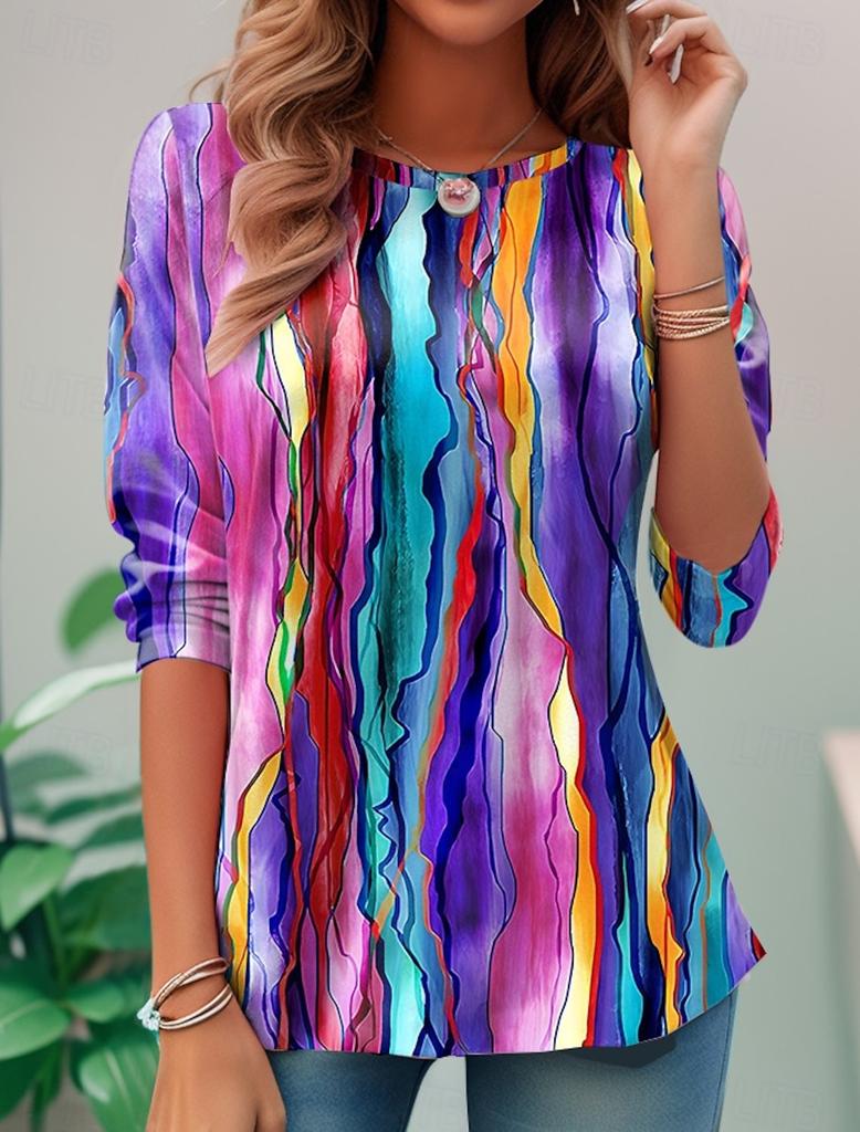 Women's T Shirt Ombre Graphic Geometric Basic Long Sleeve Round Neck Regular Tops Daily Sports Going out Print Summer