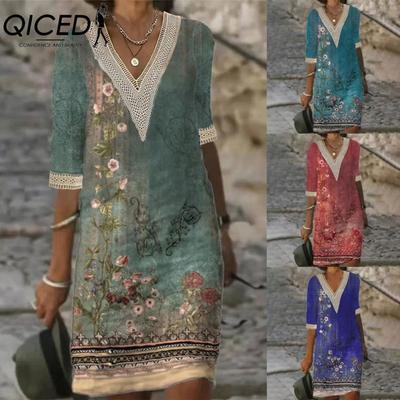 Women's Fashion Summer Spring 2/1 Sleeve V-Neck Casual Dresses