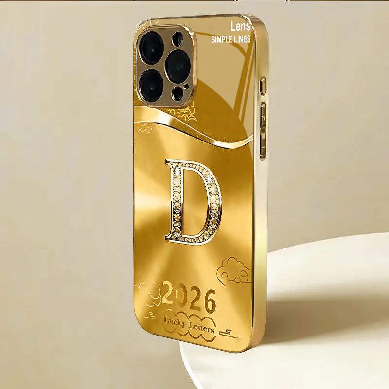New Gold D-letter Electroplated Glass Phone Case Suitable for iPhone 17 16 15 14 13 12 11