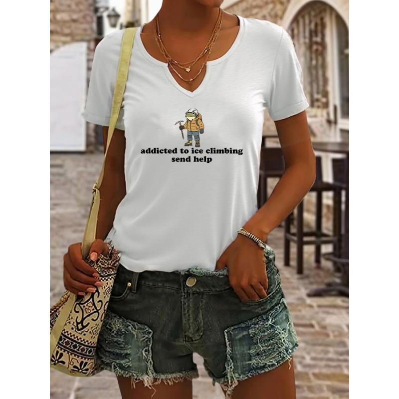 Women s Summer V-Neck Short Sleeve T-Shirt,  Addicted To Ice Climbing Send Help  Frog Print, Funny Outdoor Casual Top S