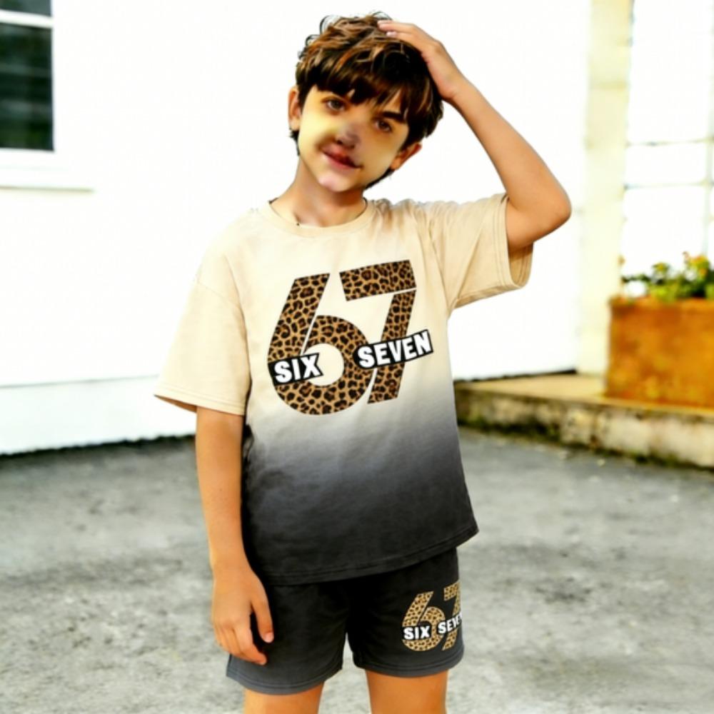 Leopard Gradient 67 Printed Kids T-shirt and Shorts 2 Piece Set Summer Casual Outfit for Boy's and Girl's Kids Clothing Top