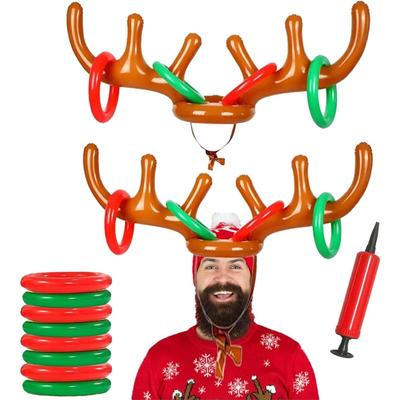 Jeu de lancer d'anneaux sur bois de renne gonflable - Lot de 2 (2 Bois 8 Anneaux) - Matériau PVC, Rouge et Blanc - Jeu de Fête de Noël