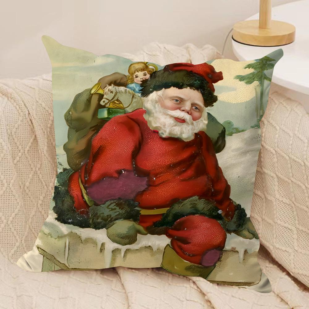Retro Christmas Santa Claus Cushion Cover Silky Short Plush Invisible Zipper Dustproof Sofa Pillow Case For Home Decor