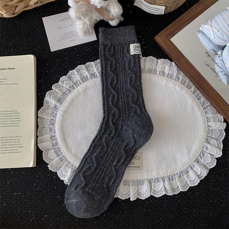 Ladies Autumn Winter Thickened Warm Embroidered Striped Polka Dot Wool Medium Tube Pile Socks