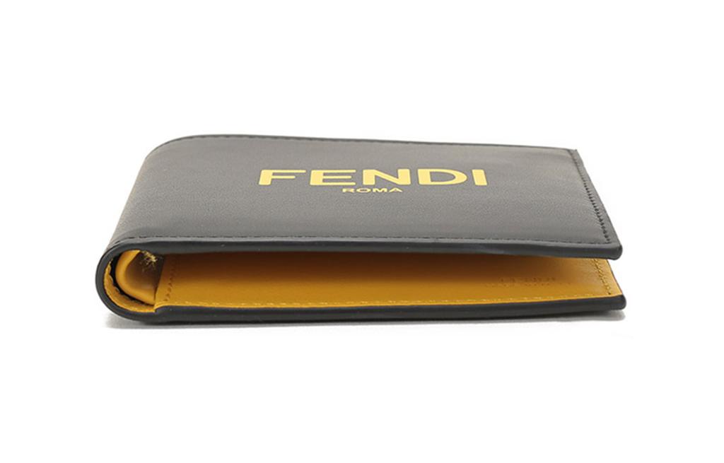 Fendi Logo Printed Short Double-Fold Calfskin Wallet For Men Black And Yellow