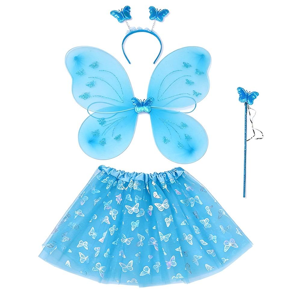 4Pcs/Set Fairy Princess Costume Butterfly Wings Puff Skirt Butterfly Wing Set Headband Fairy Wand Princess Party Costume