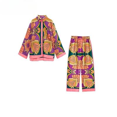 Conjunto Feminino Primavera Novo Refrescante Solto Manga Longa Camisa Estampada Calça Longa