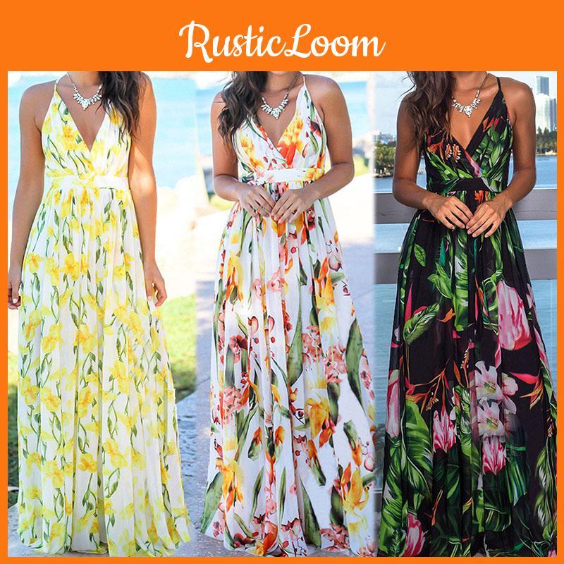 Elegant Women's Boho Long Maxi Dress With Floral Prints For Summer Parties And Beach Events