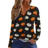 Women's Casual Long Sleeve T-Shirt with Halloween Print V-Neck Button for Parties