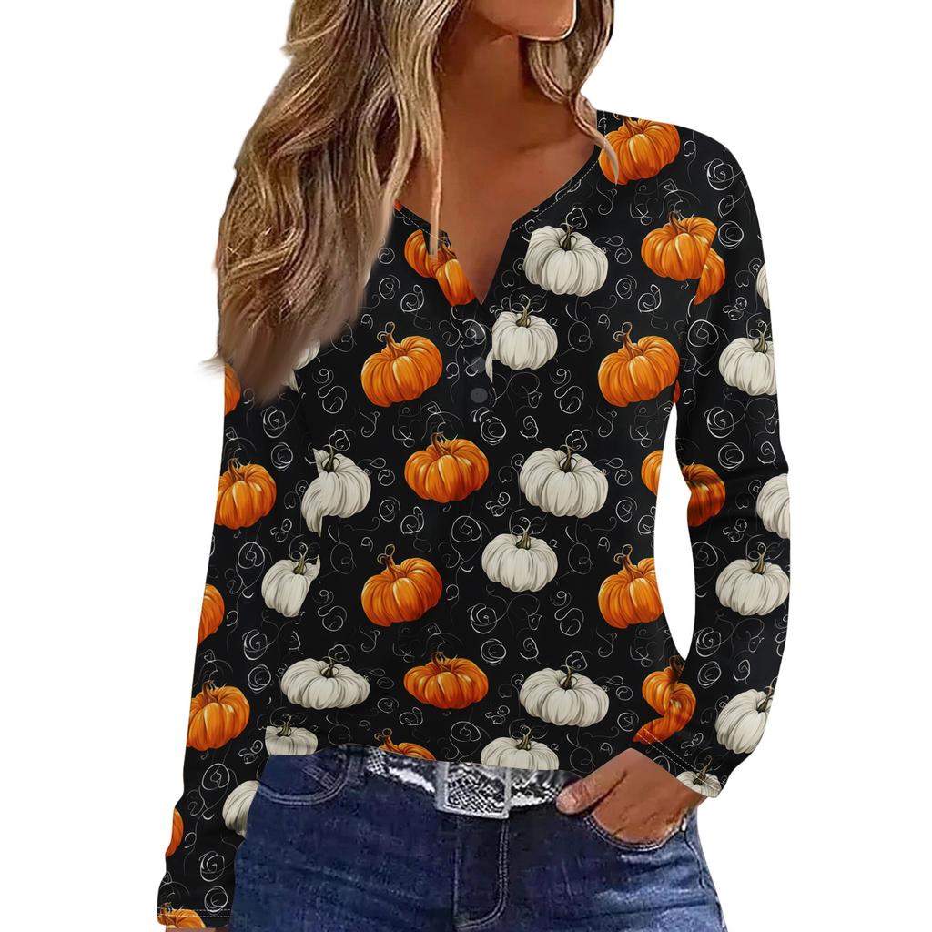 Women's Casual Long Sleeve T-Shirt with Halloween Print V-Neck Button for Parties
