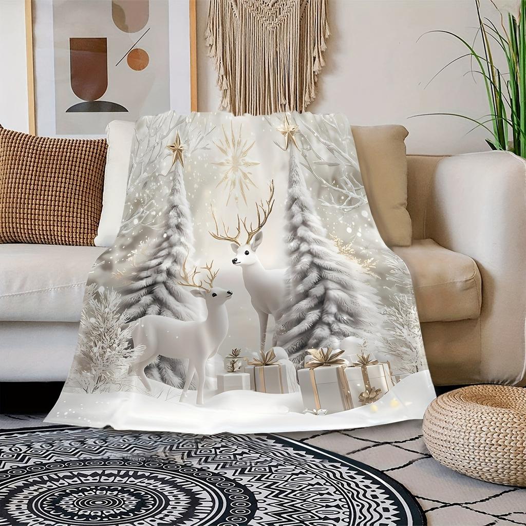 White Gold Christmas Deer Throw Blanket, Elegant Festive Home Decor