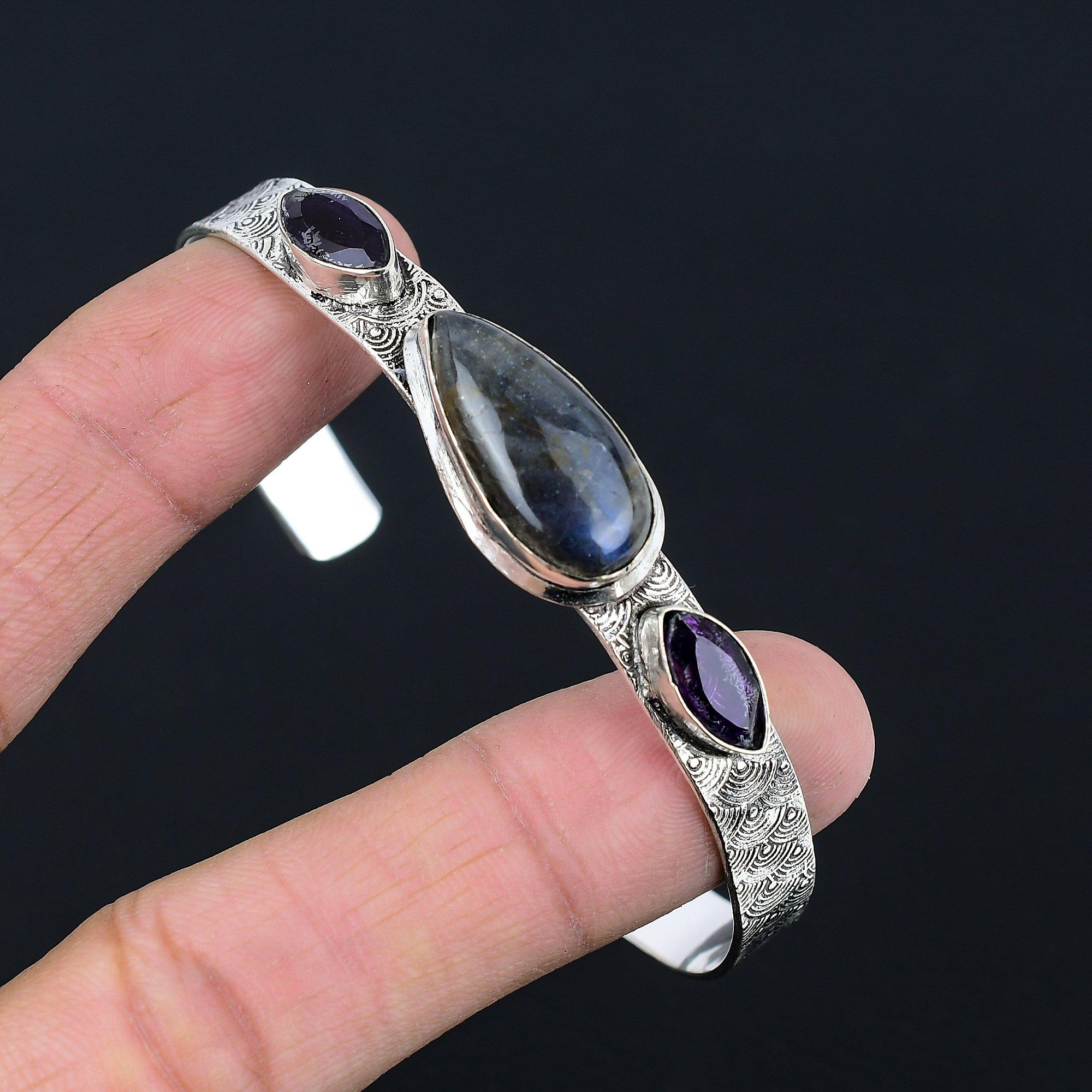 

Daughters Day Deal Natural Labradorite Amethyst Sterling Silver Handmade Bangle Adjustable