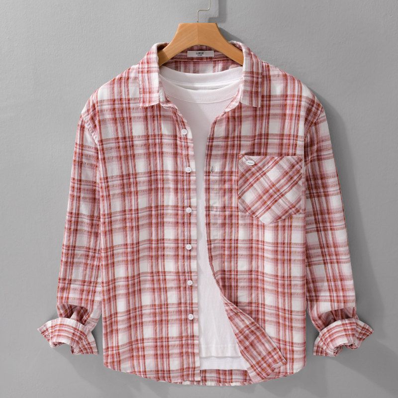Spring Summer Plaid Sun Protection Clothing Loose Casual Long Sleeve Shirts Men's Lightweight Yarn-Dyed Plaid Shirt Outerwear New
