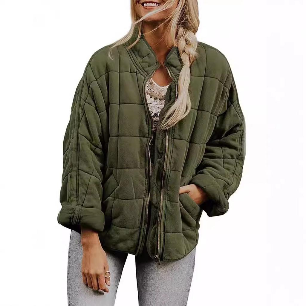 Women's Quilted Zip-Up Jacket with Square Stitch Design, Loose Fit, Multiple Color Options