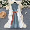 Women Denim Long Dress V-Neck Long Sleeve Patchwork Single Breasted Blouse Dresses