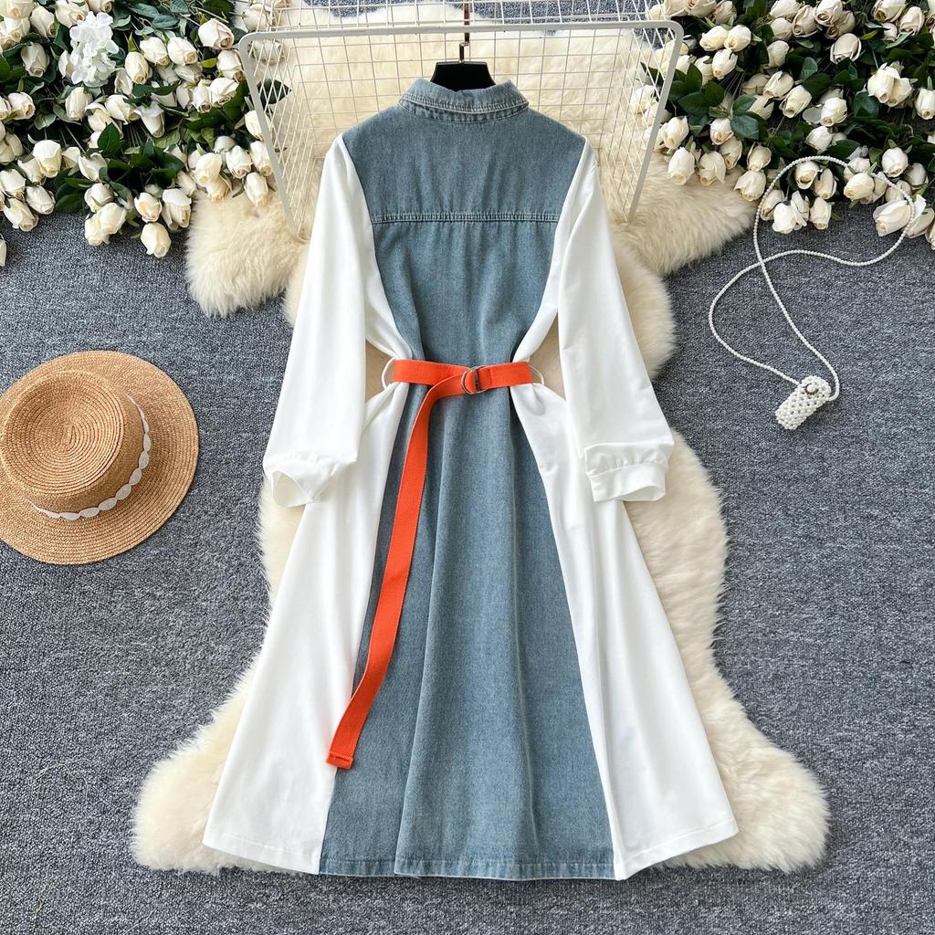 Women Denim Long Dress V-Neck Long Sleeve Patchwork Single Breasted Blouse Dresses