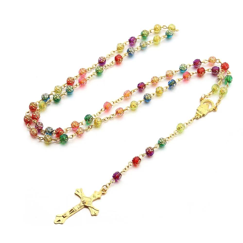 6MM Acrylic Rosary Necklaces For Women Men Rose Beads Long Chain Crucifix Cross Pendant Religious Praye Jewelry